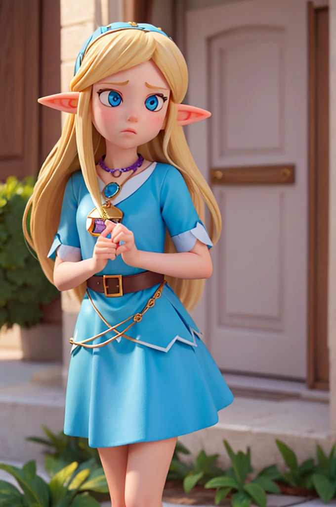 a with long blonde hair and sparkling blue eyes was worried and determined, she has elf ears and a necklace with a purple pendant, she is a kid
