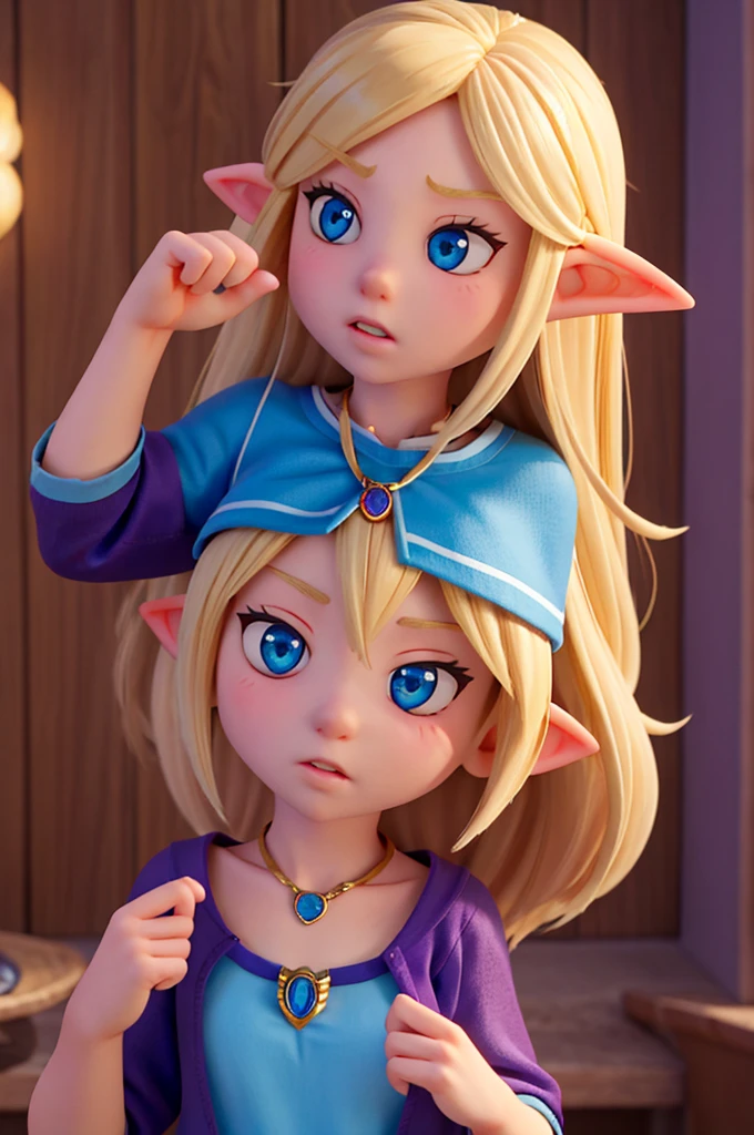 a with long blonde hair and sparkling blue eyes was worried and determined, she has elf ears and a necklace with a purple pendant, she is a kid