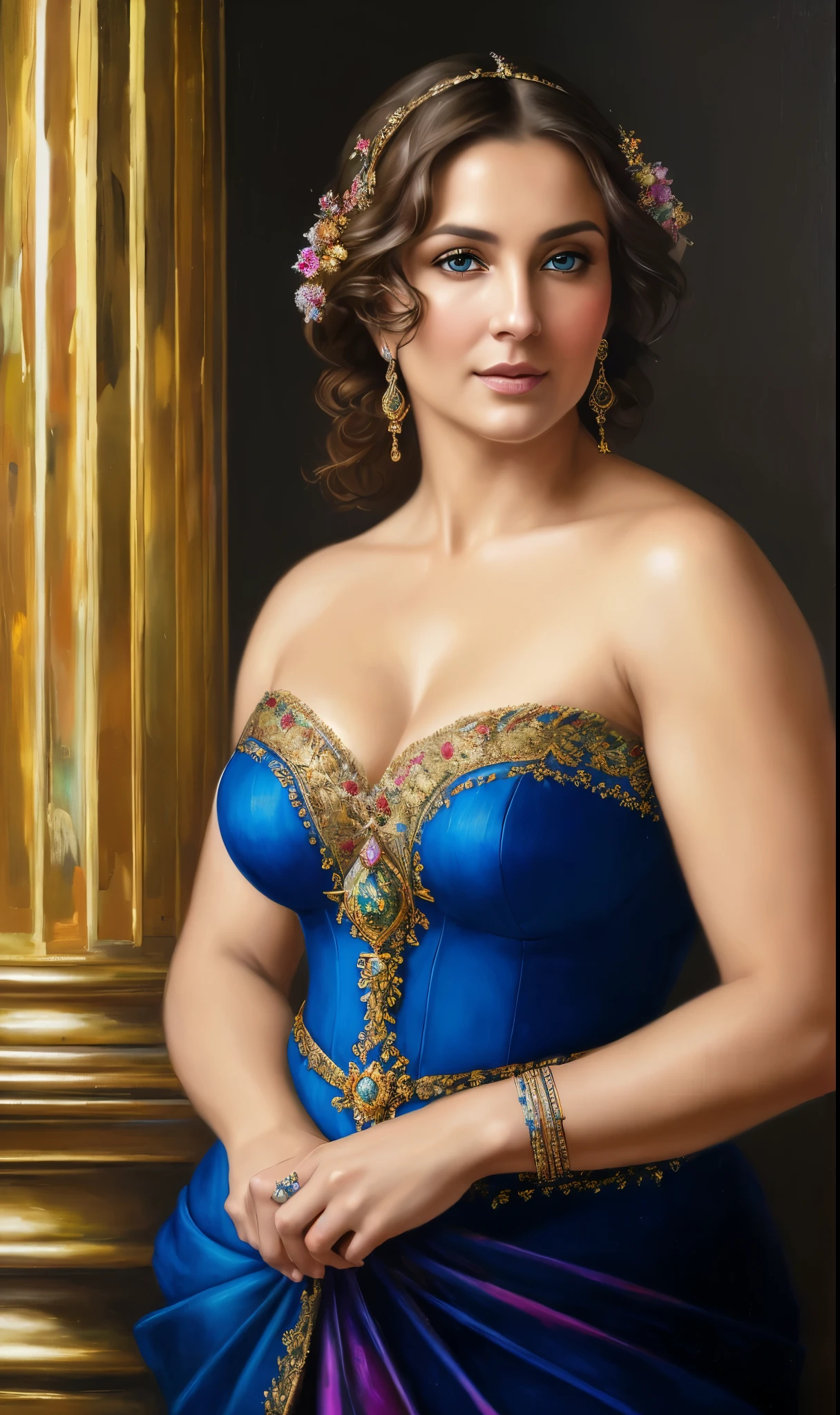 portrait, extremely gorgeous, 45 years old Woman, middle ages, thick figure, classicism, andrey atroshenko style, painting, pierced eyes, beautifully styled hair, traditional media, realistic, figurative, fine art, oil on canvas, HDR, 8K, original character, high resolution, vivid colours, high detail, focus on the face, beautiful eyes