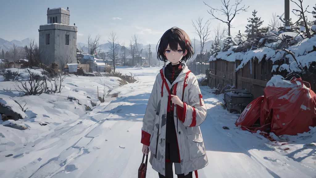 masterpiece:1.2), best quality , 独奏 ,pixiv, anime girl ,long straight white hair , black eyes ,Wearing off-white camouflage uniform ,ten years old,military fortress,(Eyes looking into the distance:1.3),(look away:1.5),snowy weather,dirty face,The background is a gray cement floor with drifting snow.,blood on forehead,dirty face,Backlight,Bare rocky peaks ,,The expression is sad
