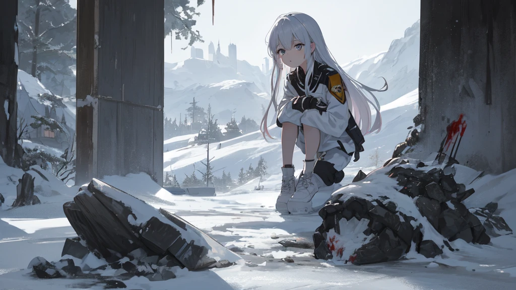 masterpiece:1.2), best quality , 独奏 ,pixiv, anime girl ，long straight white hair , black eyes ,Wearing off-white camouflage uniform ,ten years old，military fortress，(Eyes looking into the distance:1.3)，(look away:1.5)，snowy weather，dirty face，The background is a gray cement floor with drifting snow.，blood on forehead，dirty face，Backlight，Bare rocky peaks ,，The expression is sad