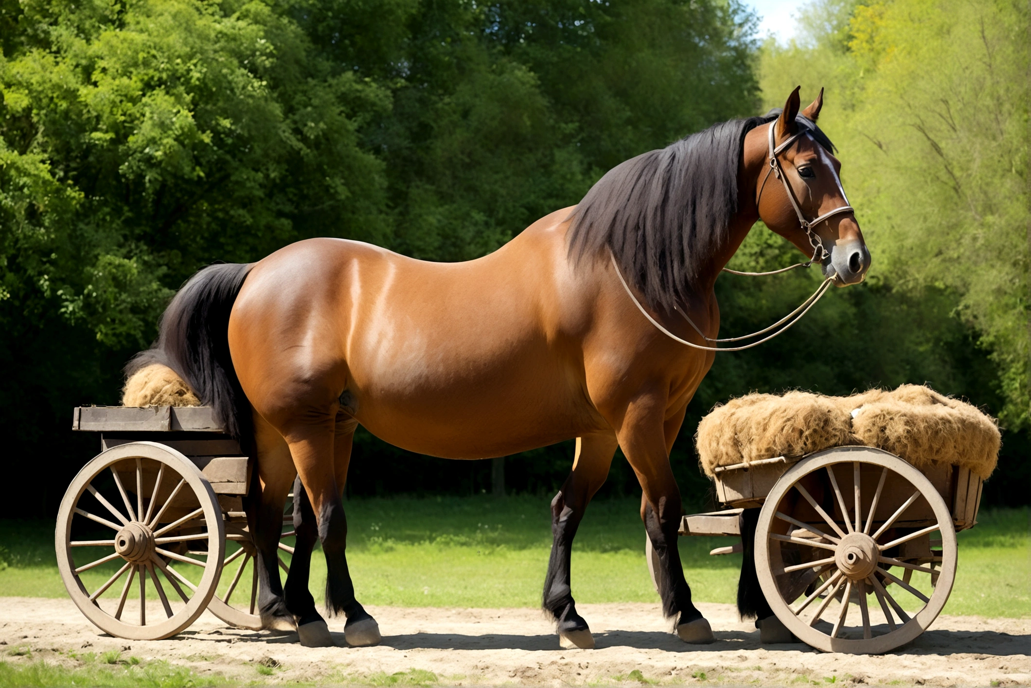 complete side view of horse. a big fat Ardennes horse with big bum. pulling open wagon. nude BBW woman riding horse. very dark skinned. very short hair. dung pile under horse bum. raised tail.