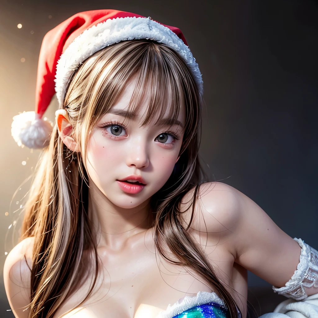 NSFW, 8k, High-level, absurd, masterpiece, best quality, primitive, very detailed CG, very detailed wallpaper, perfect lighting, Extremely detailed (((The personifying " Santa Claus " as a ))), MysticSight, Tyndall effect, Tyndall scattering, Studio gray background with (many Dazzling RainbowColor particles BokeH:1.28), (RoundlyButts, ThighGap), (Exposed:0.4), (Assfocus with looking ahead), BREAK (NOGIZAKA face variations) Extremely Detailed very KAWAII face variations, perfect anatomy, Childish, captivating gaze, elaborate detailed Eyes with (sparkling highlights:1.28), long eyelashes、Glossy RED Lips with beautiful details, Coquettish tongue, Rosy cheeks, Radiant PearlSkin with clear transparency . { (Dynamic LifeLike expressions:1.4) | :d) }, (large eyes:-1) .