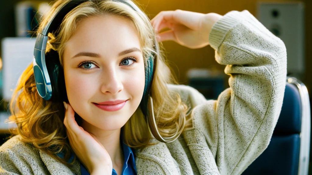 Beautiful blonde with big breasts in a khaki suit (Taking a break in the office late at night),Wearing headphones,Very detailed, 21 years old, Innocent face, Naturally Wavy Hair, blue eyes, High resolution, masterpiece, Highest quality, Intricate details, Very detailed, Clear focus, Delicate skin, practical skin texture, texture, Delicate eyes, Professional, 4K, Cute Smile, Shot with Canon, 85mm, Shallow and deep, Kodak Vision Color, Exactly, Very detailed, photograph_\(Extremist\), photographpractical, practical, Post-processing, Maximum details, Roughness, Real Life, Extremist practical, Photorealism, photographgraphy, 8K Ultra HD, photographgraphy