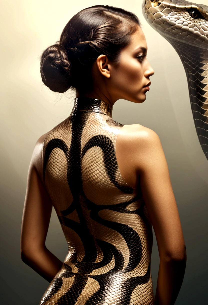 photoillustrasion of double exposure of merged, a woman, a cobra (transparency effect only on her back),  seamless mix, texture and pattern, transparency effect, dramatic shadows and lights, interlacing elements, back view, cobra watermark full page