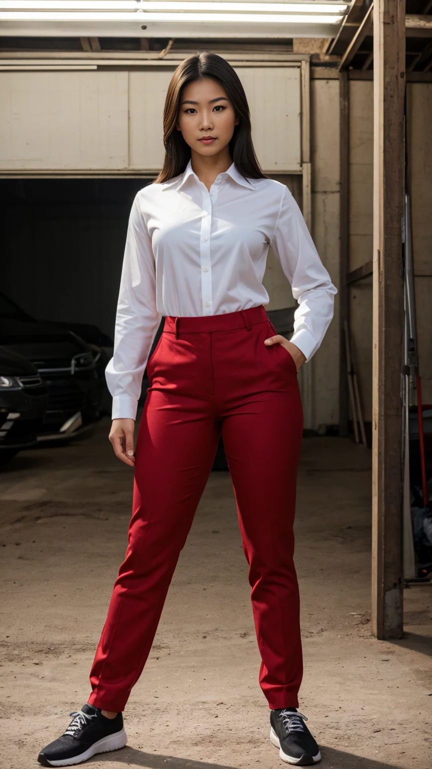 RAW, Best quality, high resolution, (masterpiece: 1.3), full body image, muscular asian young woman in shirt, pants, shoes, Masterpiece, young man face, cute man face, cleanshaven, bright skin, rough skin, fierce eyes, soft smile, standing in a garage, masculine gesture, strong expression, body facing viewer, looking to viewer, at noon, Great lighting, great sunlight, Bright colors, Ultra realistic clean lines, very realistic