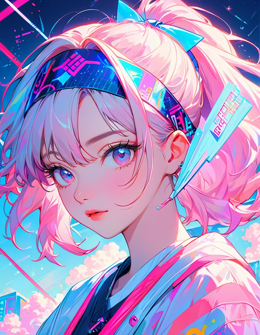 Close-up of person wearing headband, The art of math inspired by Yanjun Cheng, Douban, The art of math, Vibrant fan art, Lofi portrait, guweiz style artwork, new vapor wave, colorful numbers, Internet aesthetics, kpop idol portrait, yanjun chengt, Digital anime illustration, NFT portrait, Digital Cyberpunk Animation Art.