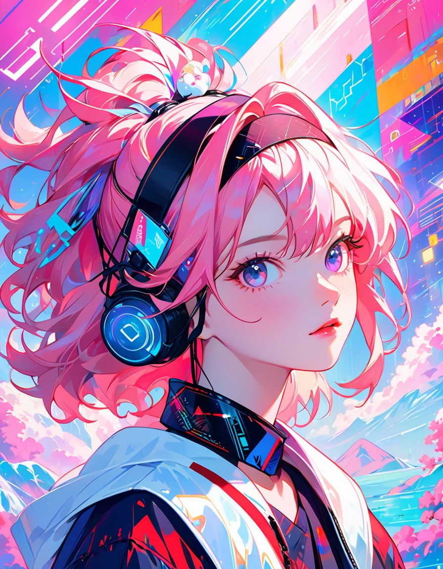 Close-up of person wearing headband, The art of math inspired by Yanjun Cheng, Douban, The art of math, Vibrant fan art, Lofi portrait, guweiz style artwork, new vapor wave, colorful numbers, Internet aesthetics, kpop idol portrait, yanjun chengt, Digital anime illustration, NFT portrait, Digital Cyberpunk Animation Art.