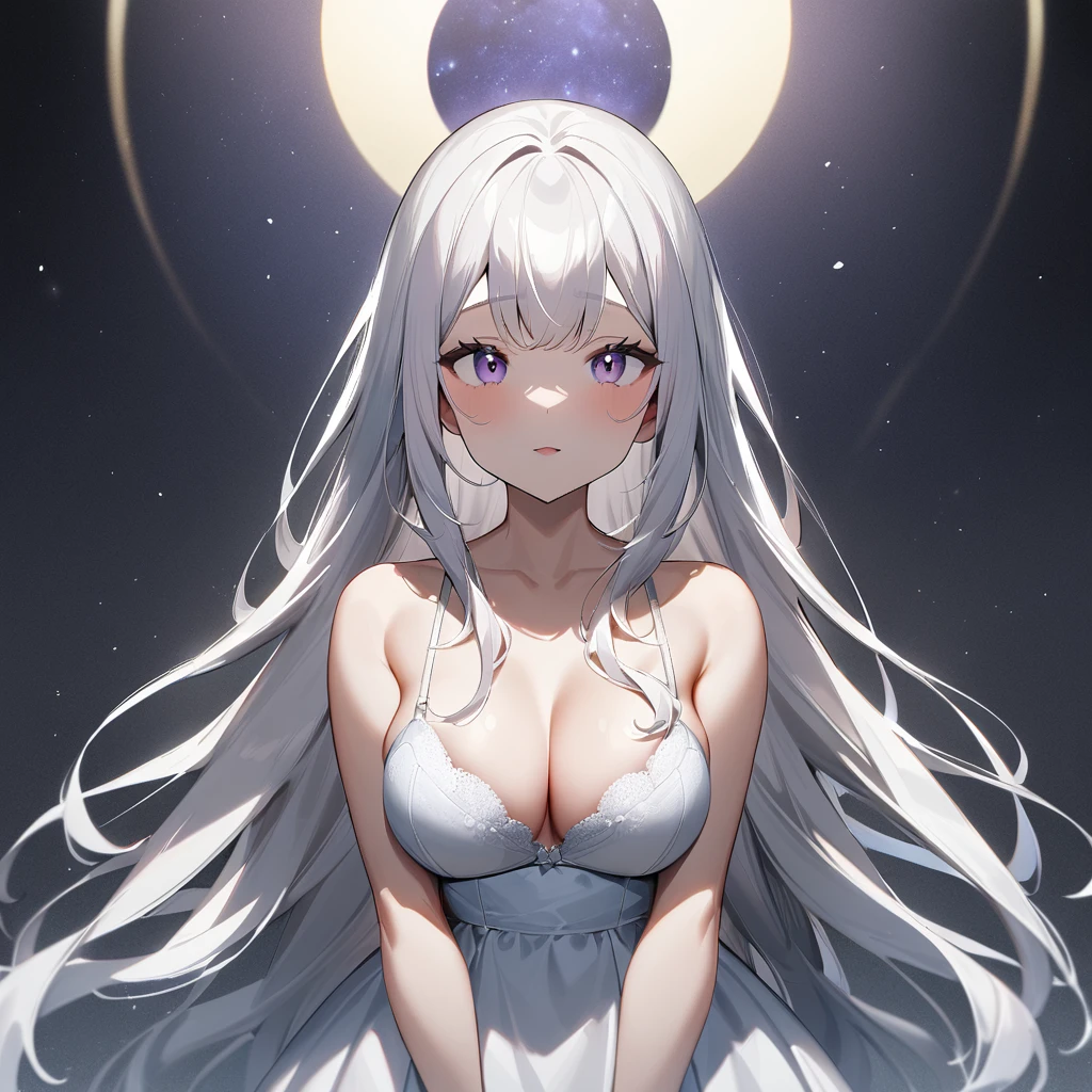 nafw,(2 girls),(duo),breast,absurdres,best quality,very aesthetic,absurdres,bra,(light silver White hair),太もも,(purple),(straight-on),(long hair),(gown),(bare breasts),(huge),(v-neck)