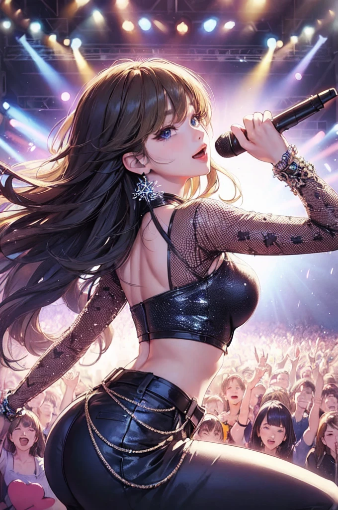 1lady solo, K-POP artist, (singing:1.2) (dynamic posing:1.2), (stylish outfit), mature female, /(blonde hair/) bangs, light smile,blue eyes (masterpiece best quality:1.2) delicate illustration ultra-detailed, large breasts BREAK (holding a microphone) (back of hand:1.2) BREAK (music stage) indoors, various colored spotlight, audience, blonde hair