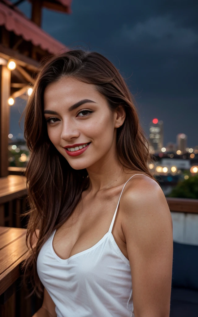 22-year-old woman, an elegant appearance. The 22-year-old model poses on a rooftopbar at night in bangkok. Man kann den mond sehen. My brown hair falls in long waves over my shoulders and hangs down at the sides of my breasts, frames my face and highlights my green eyes. My full, dark red lips are shaped into a smile. My snub nose is covered with freckles, which contrast with my tanned skin. My eyebrows are thick and dark, gives me a seductive look. My cheekbones are high and defined, and my eyelashes are long and curved. shows my curves.. Her pose is elegant and relaxed, with the body facing the camera, Face turned to the side. the model wears a tshirt and jeansshorts. Ihr Haar ist offen and her makeup is light and natural. The shot is far away from the model, with the camera positioned slightly lower, to highlight their beauty. there is a vintage film atmosphere, she laughs and smiles . she seems happy. she has white teeth. hands not in picture. Iphone13 quality