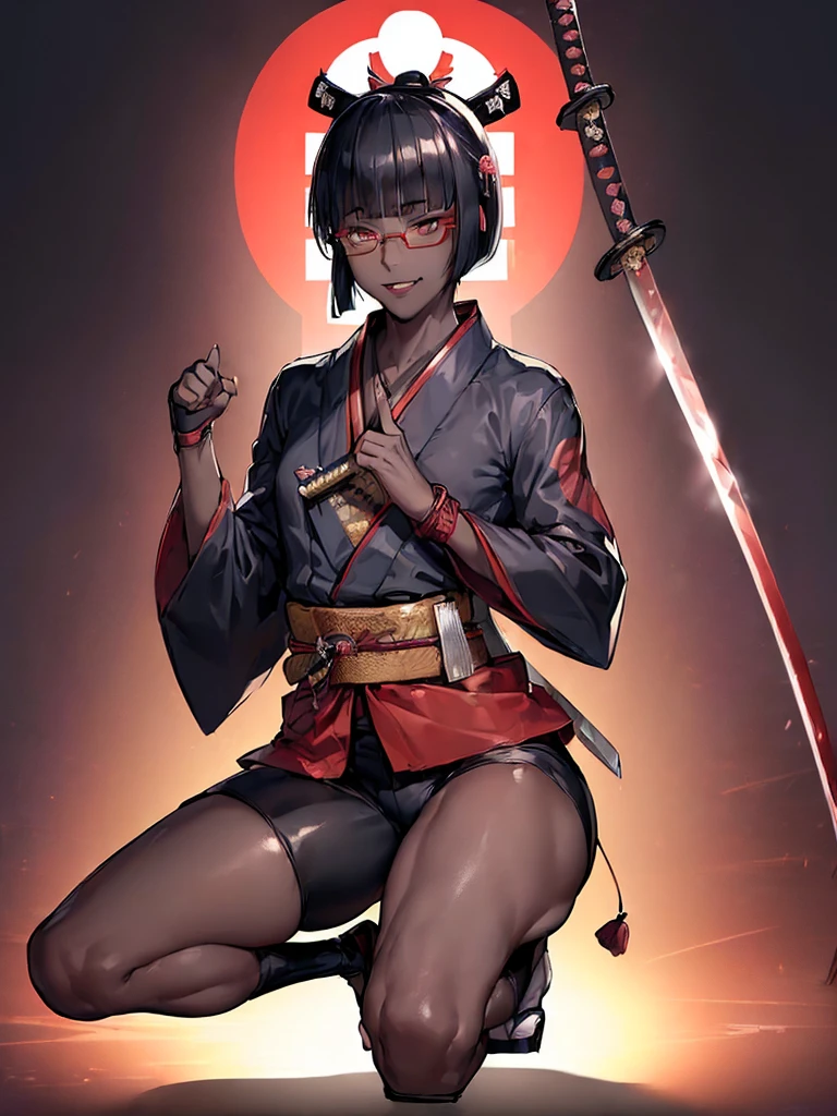 (flat chest), (masterpiece:1.2), highest quality, High resolution, unity 8k wallpaper, (fine and beautiful eyes:1.6), highly detailed face, perfect lighting, Detailed CG, (perfect hands, perfect anatomy), (1 boy solo:1.4), 20 years old, (black hair:1.3), extremely beautiful detailfeminine face and eyes, (evil smile:1.4), detailed eyes, best quality,(very dark skin:1.8), (turtleneck shirt under yukata:1.2), (bike shorts:1.2), extremely detailed, very precise detailed, (glasses:1.3), blunt bangs, open mouth, (very short pixie cut:1.2), boots,(fingerless gloves:1.2), smile, half closed eyes,long sidelocks,(long red Scarf),(yukata),(squatting),(acrobat pose:1.3),(squat:1.3),(one knee dwon:1.5),(put one foot in front:1.3) ,(index fingers up:1.7),(own hands clasped:1.7), spread legs,(arms up),(Japanese sword on the back:1.8),