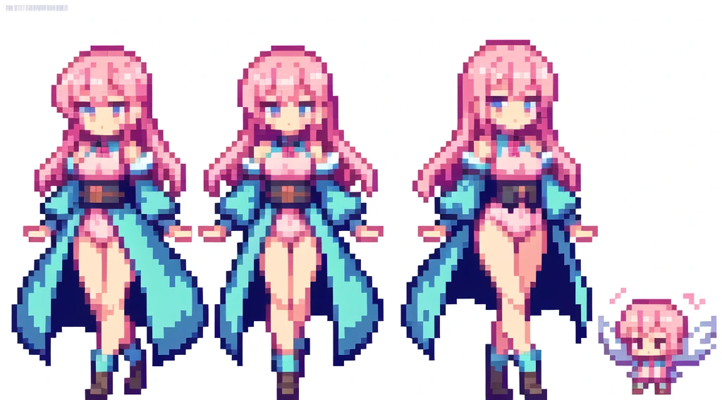 the very same person character chips , masterpiece , best quality , pixel , pixel art , xiangsu , xiang su , sequence frames , walking, oblique view , 1 girl , fantasy clothes , full body , white background , heroine , deformed , sexy , chibi , Highly Exposed , angel , pink clothes , pink hair , walking frame