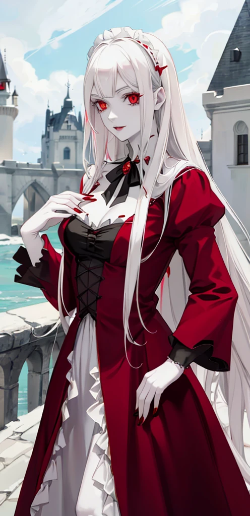 (A vampire), (Eyes red), (white hair), (period dress), (Woman), (face perfect), (pale skin), (Vestido longo), (Not Sexy), (vestido preto), (Castelo), (Castelo).