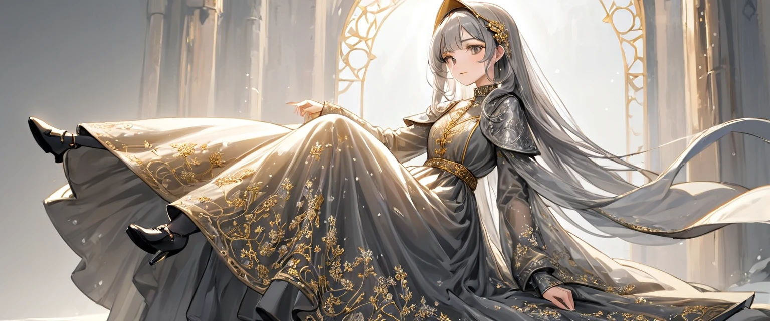 girl, Gold and silver embroidery, Medieval long dress in platinum and pearls(With panniers), Translucent fabric, Pull up the dress by hand, Strong winds, Translucent slip, Grey translucent tights, Peeking from below, Highest quality, Disorder of clothing, sit