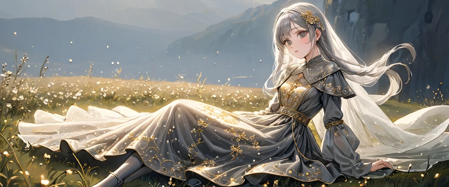 girl, Gold and silver embroidery, Medieval long dress in platinum and pearls（With panniers）, Translucent fabric, Pull up the dress by hand, Strong winds, Translucent slip, Grey translucent tights, Peeking from below, Highest quality, Disorder of clothing, sit