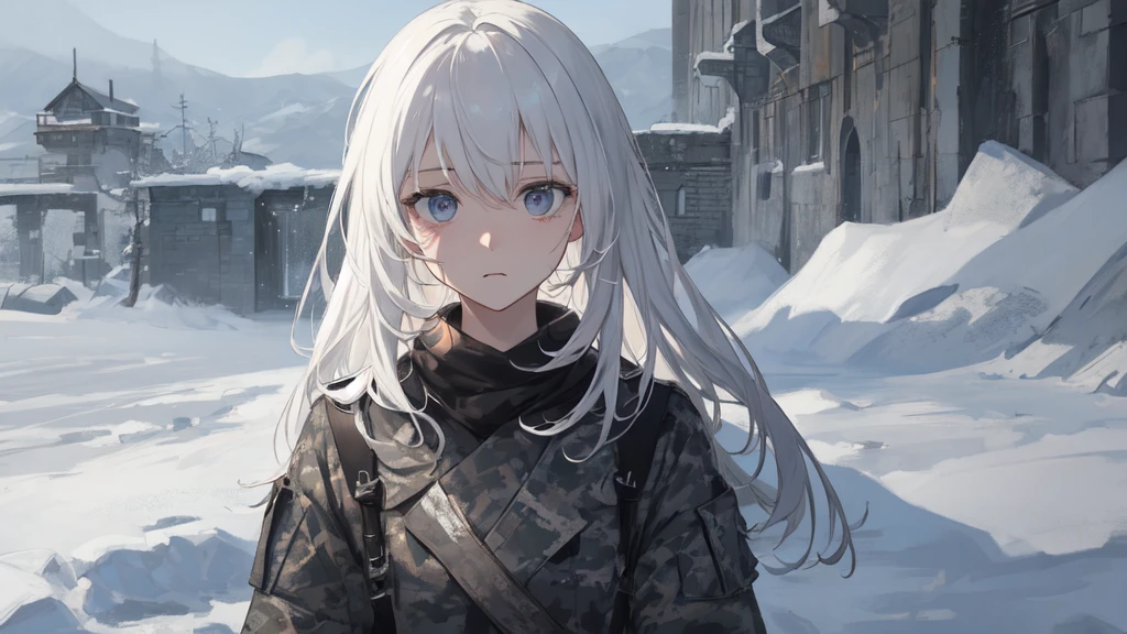 masterpiece:1.2), best quality ,pixiv, anime girl ，long straight white hair , black eyes ,Wearing off-white camouflage uniform ,，military fortress，(Eyes looking into the distance:1.3)，(look away:1.5)，snowy weather，dirty face，The background is a gray cement floor with drifting snow.，blood on forehead，dirty face，Backlight，Bare rocky peaks ,，The expression is sad