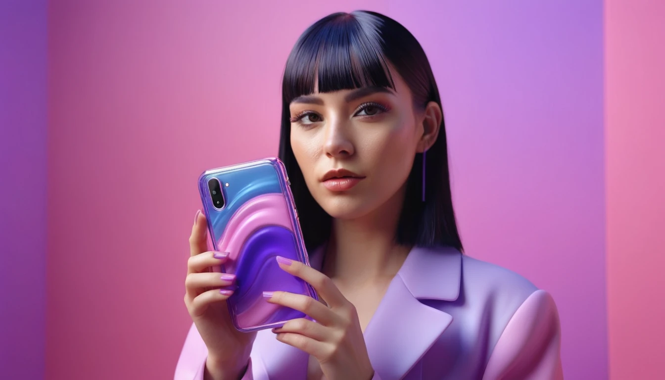 smartphone in her hand, blackhair female hands holding dildo to her face, that is glowing with pink and purple colours, dripping wet, closeup macro photo, minimalistic, in a light purple and pink style, with soft edges and blurred details, in the toycore style, with a 3D render, on a colorful background, with a minimalist stage design, in a surreal style, with a cinema4D rendering, with a minimalist style, with low saturation, using gradient colors, with a cinema4D rendering, with a blender rendering, with super detail, at a super high resolution, at a super high definition