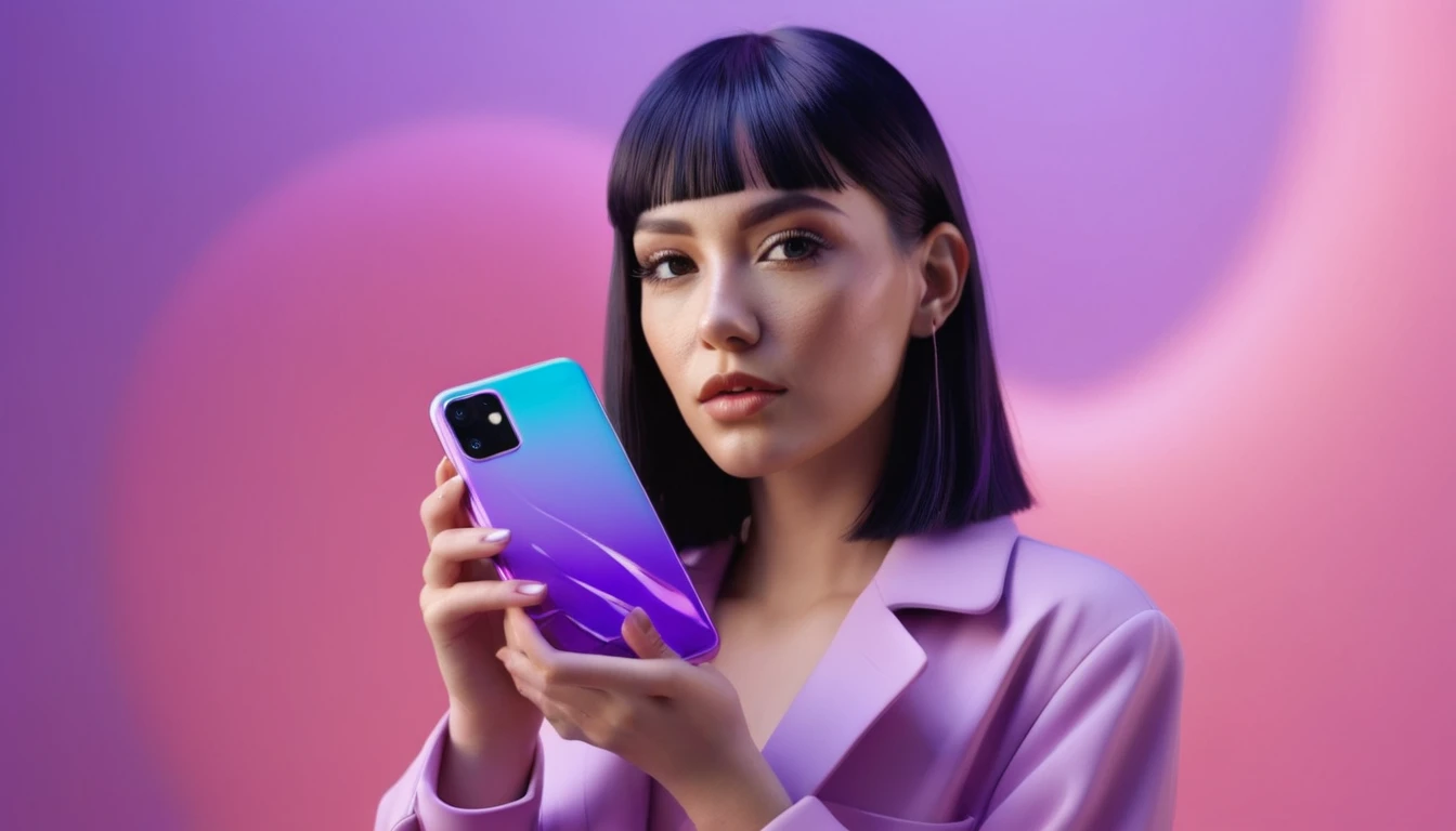 smartphone in her hand, blackhair female hands holding to her face, that is glowing with pink and purple colours, dripping wet, closeup macro photo, minimalistic, in a light purple and pink style, with soft edges and blurred details, in the toycore style, with a 3D render, on a colorful background, with a minimalist stage design, in a surreal style, with a cinema4D rendering, with a minimalist style, with low saturation, using gradient colors, with a cinema4D rendering, with a blender rendering, with super detail, at a super high resolution, at a super high definition
