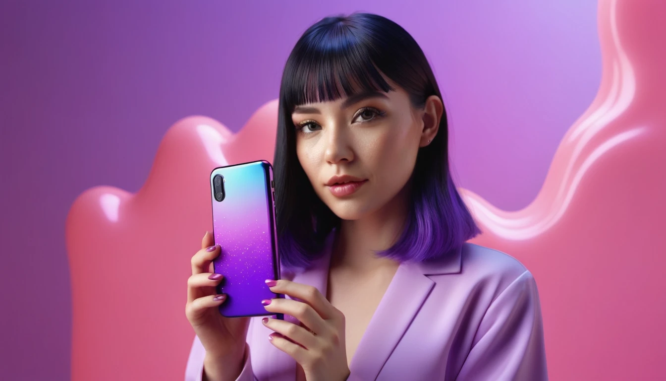 smartphone in her hand, blackhair female hands holding dildo to her face, that is glowing with pink and purple colours, dripping wet, closeup macro photo, minimalistic, in a light purple and pink style, with soft edges and blurred details, in the toycore style, with a 3D render, on a colorful background, with a minimalist stage design, in a surreal style, with a cinema4D rendering, with a minimalist style, with low saturation, using gradient colors, with a cinema4D rendering, with a blender rendering, with super detail, at a super high resolution, at a super high definition