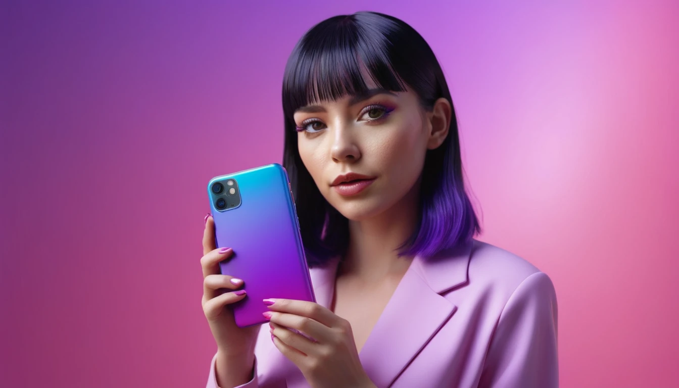 smartphone in her hand, blackhair female hands holding dildo to her face, that is glowing with pink and purple colours, dripping wet, closeup macro photo, minimalistic, in a light purple and pink style, with soft edges and blurred details, in the toycore style, with a 3D render, on a colorful background, with a minimalist stage design, in a surreal style, with a cinema4D rendering, with a minimalist style, with low saturation, using gradient colors, with a cinema4D rendering, with a blender rendering, with super detail, at a super high resolution, at a super high definition
