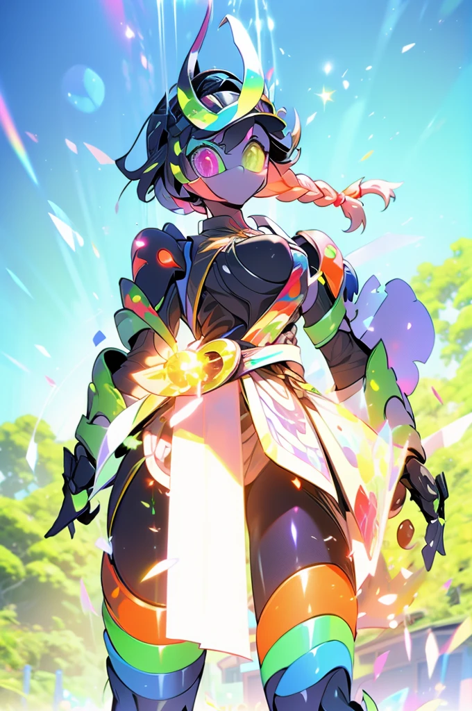 quality\(8K,Extremely detailed CG unit wallpaper, masterpiece,high resolution,top-quality,top-quality real texture skin,Surrealism,提high resolution,RAW photos,Best quality,Very detailed,,light,Ray Tracing,Golden Ratio\),Mechanical Girl,Doll girl,Glowing eyes,Doll eyes,matriarchal,braid,垂在胸侧的braid, body,Maturem,cute,cute,cute,Slender figure,Close-up above the waist,Royal sister,grace,Big breasts,lt,机械belt,Tihts,宝石belt,宝石belt,White skin,White underwear,GradientRainbow Armor,apron,apron,front swing,裙摆front swing,袍子front swing,No backswing,No backswing,Gradient过膝袜,裸体apron,Gradient彩虹色铠甲,彩虹GradienRainbow Armor,GradientRainbow Armor,Gradient,Long hair,Long hair,Long hair,spray paint style,spray paint style