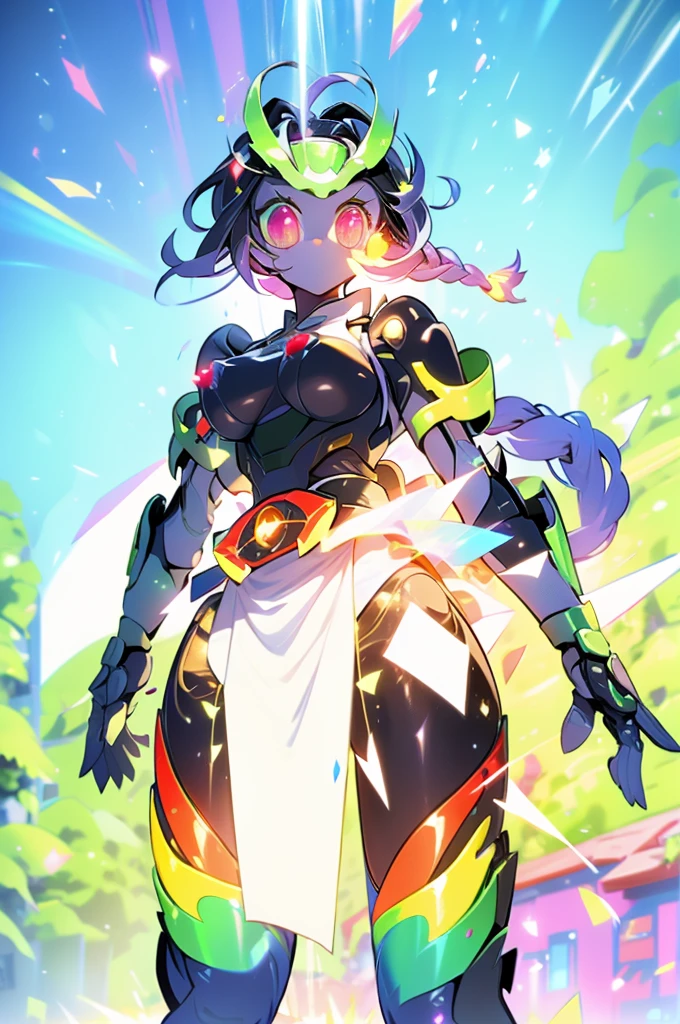 quality\(8K,Extremely detailed CG unit wallpaper, masterpiece,high resolution,top-quality,top-quality real texture skin,Surrealism,提high resolution,RAW photos,Best quality,Very detailed,,light,Ray Tracing,Golden Ratio\),Mechanical Girl,Doll girl,Glowing eyes,Doll eyes,matriarchal,braid,垂在胸侧的braid,mature body,Mature system,cute,cute,cute,Slender figure,Close-up above the waist,Royal sister,grace,Big breasts,Big Tits,belt,机械belt,Tights,Tights,宝石belt,宝石belt,White skin,White underwear,GradientRainbow Armor,apron,apron,front swing,裙摆front swing,袍子front swing,No backswing,No backswing,Gradient过膝袜,裸体apron,Gradient彩虹色铠甲,彩虹Gradient,Rainbow Armor,GradientRainbow Armor,Gradient,Long hair,Long hair,Long hair,spray paint style,spray paint style