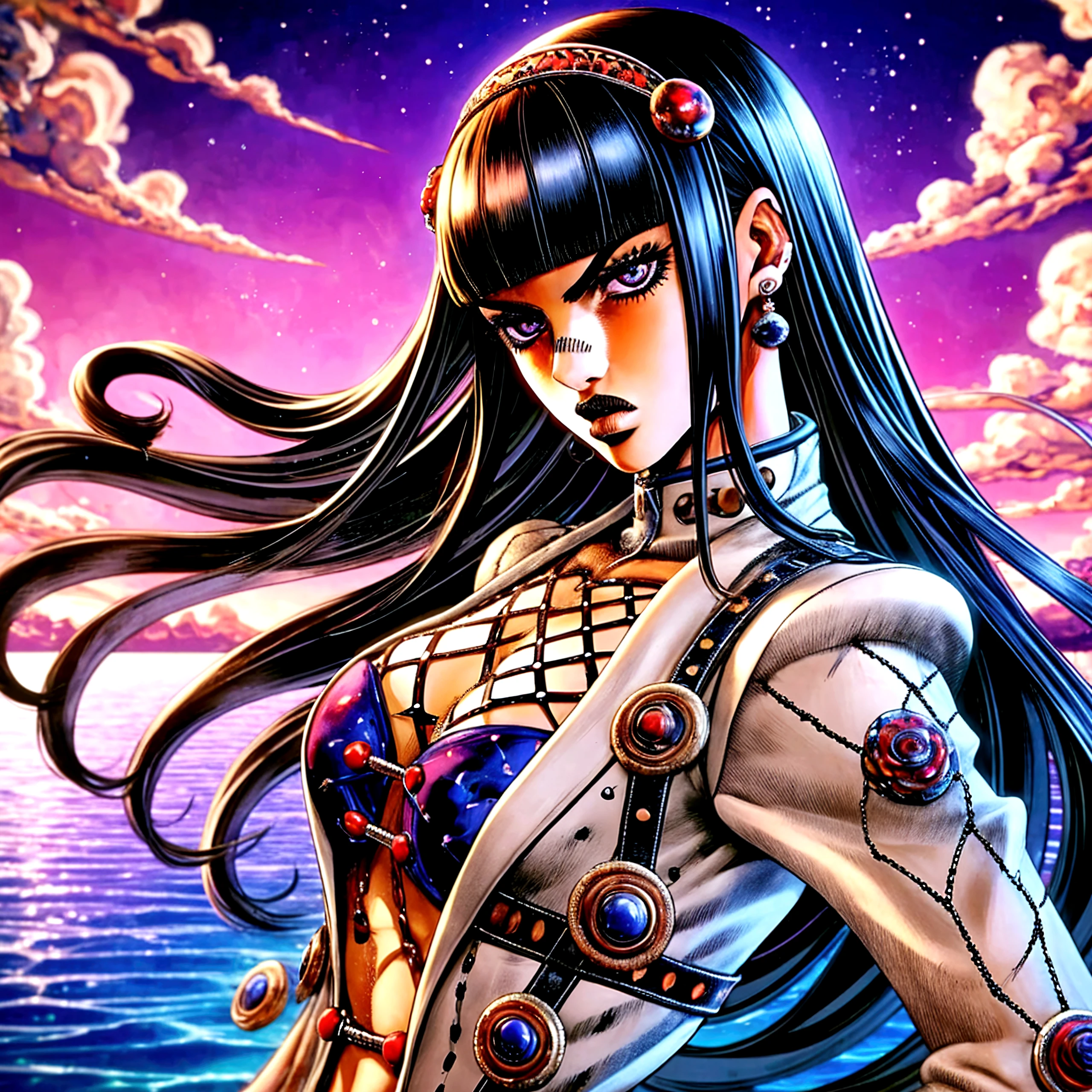 a drawing of a woman with a large breast and a chain around her neck, inspired by Masamune Shirow, by shirow masamune, by Masamune Shirow, style of masamune shirow, like lady mechanika, beautiful female neuromancer, tsutomu nihei art, anime cyberpunk art, by Yoshihiko Wada