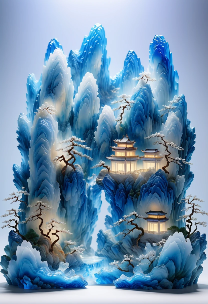 The top of the portrait is carved，Translucent glass material,Blue-white gradient,Traditional Chinese landscape painting,Abstract shapes,Minimalism,Cave，,3d