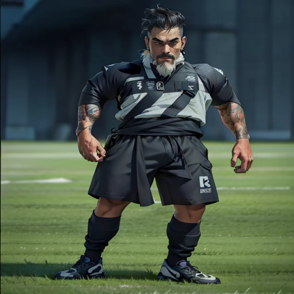 athletic medium, character sheet, Filipino man, buzzcut shaved white hair, standing, white beard, slim body, socks, neon socks, butcher outfit, mullet, full body tattoos, boots, blackout tattoos, earrings, black team shirt of football.