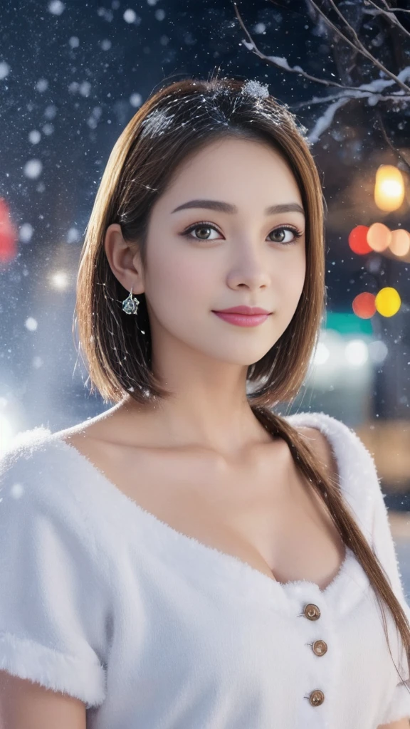 1girl, (santa claus costume slim fit:1.5), symmetry,(Cute ultra young girl:2.0), (slender woman body:1.5), (ultra short hair:1.75), ultra big smile, (Beautiful large round droped detailed eyes:1.5), beautiful detailed lips, (extremely detailed beautiful face, natural makeup, Incredibly beautiful skin:2.0), (best quality,4k,8k,highres,masterpiece:2.0),(ultra-detailed,realistic,photorealistic,photo-realistic:1.75),professional,vivid colors,studio lighting,(snowing night town,christmas eve:1.25)