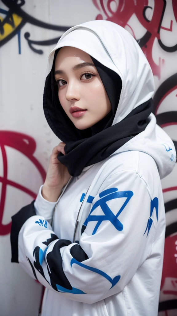,1girl, solo, pretty face, eyelashes, nose, glossy lips, (detailed eyes, looking at viewer, fair skin, white skin: 1.5), smooth skin, wearing hijab, 8k portrait of beauty in hijab, intricate, graceful, highly detailed, majestic, digital photography, hyper realistic, Masterpiece, Best Quality, All parts of the body except the face and hands are covered with clothing, Tudung, ((do not let the hair come out of the hijab)), full hijab, ((all parts of the body covered by clothes except the face)), Best Quality, (graffiti:1.5), paint splatter, jacket, On wall, paint can, looking at viewer, head slanted, clothing color (Wear a hooded military uniform), cyberpunk city