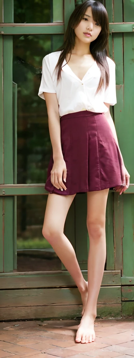 Open shirt, (((Leaning forward))), ((Round face, Around 17 years old,mini skirt、Loose chest)), Long Hair, , Natural Makeup, Lips become thicker, Sweet gaze, barefoot, ((Leg spread)), Shooting from below,A sweet expression ,((Very precise and accurate anatomy)), (masterpiece:1.43), Perfect Proportions, Realistic photos, Full Shot, whole body, (height: 157cm),