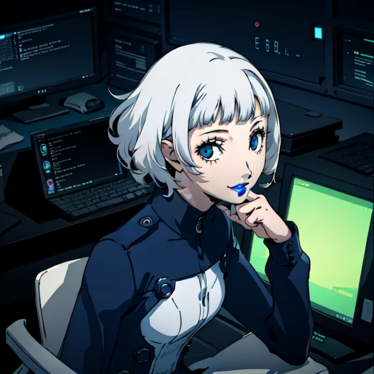 masterpiece, ((best quality)),((1 girl)), blue eyes, black lipstick, white hair, female , tomboy, deep blue suit, white hair, white hair,smiling,hacker,in the,dark room,sitting,looking monitor,cute
