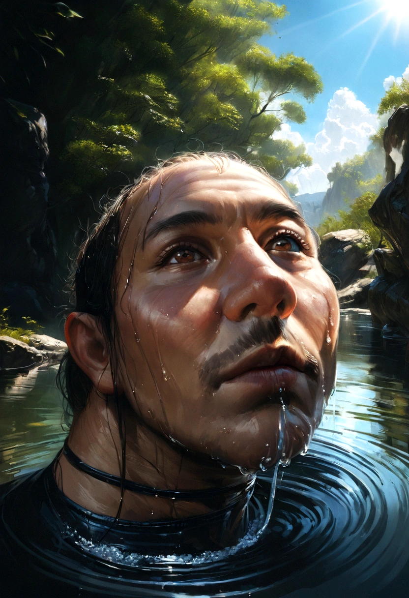 water, Wet, Sputtering, liquid, sunny, Day, blue sky, cloud, nature, natureの中に設定, (Character Focus:1.1), Sharp focus, Realistic, Very detailed, Super detailed, Highest quality, Highest quality, Realistic lighting, Hyper Detail, Hyperrealism, Greg Rutkowski