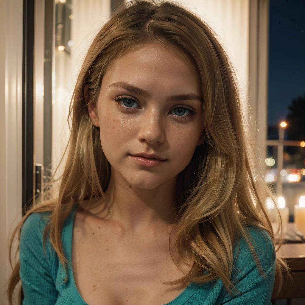 Beautiful white skin woman 0, long blond hair, green blue eyes, breast)), thin face, small freckle, eyeline, mascara, slight smile, ((Lauren Burch)), ((sexy red outf), 4k, Ultra high resolution, ((Hyperrealism)), LUT from Instagram, Cinematic light, masterpiece, best quality, ultra-detailed, contrast, clear sky, on a balcony, at night, analog style (lot viewer:1.2) (skin texture) (film grain:1.0), (warm hue, warm tone)