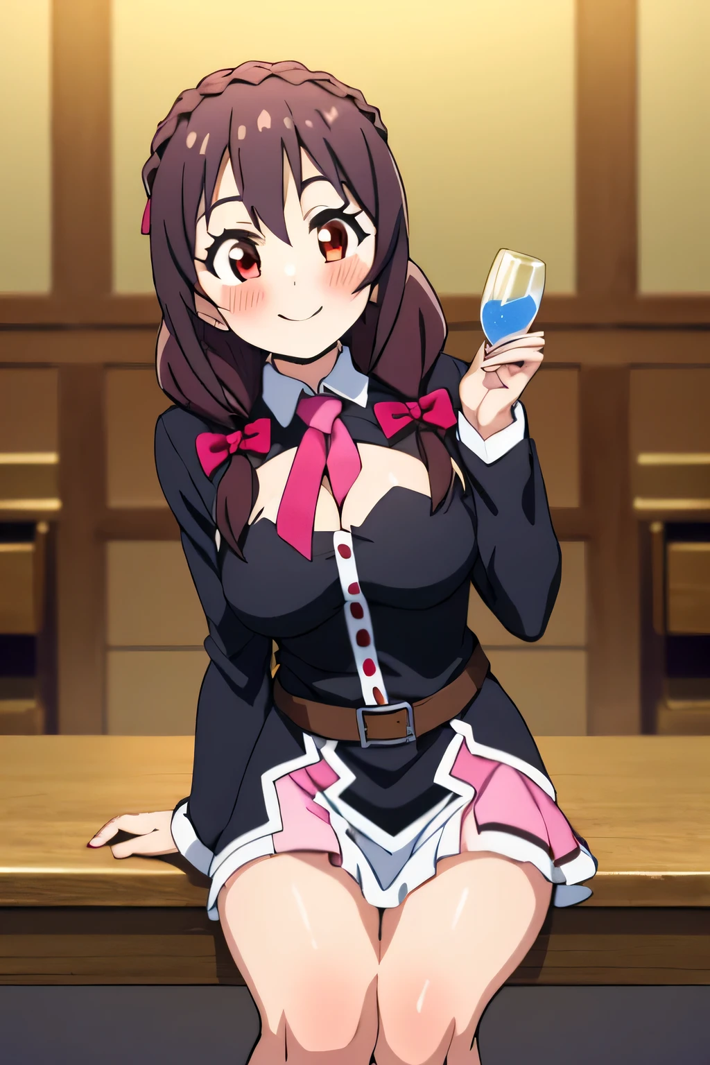 (masterpiece, Highest quality), One girl,    Yunyun,Long Hair,Braiding,Twin tails,Hair between the eyes,Red hair ribbon,hair ornaments,large round breasts,、Pink Skirt、Black Hair、Red Eyes、(Happy Face:1.2)、indoor、Crown Blade,Black Shirt, Long sleeve,Pink tie, belt, Cleavage cutout、cowboy shot、(blush:1.ung face、I'm holding a glass、Sitting