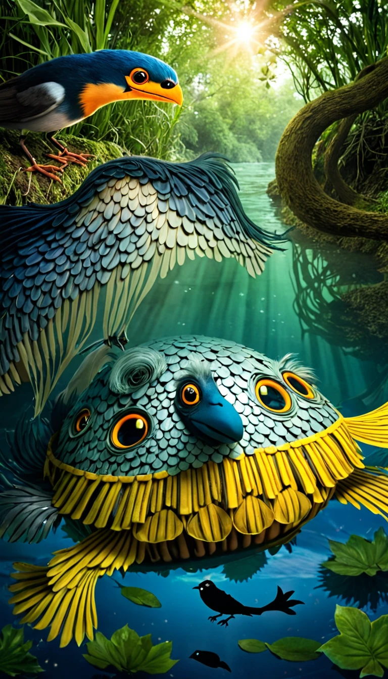 A magical creature at the bottom of the river with a bird's head, a turtle's body and a snake's tail,,Mysterious Creatures, shrike, (best quality,4K,8K,High level,masterpiece:1.2),Ultra Detailed,(lifelike,Photo real,Photo real:1.37),Highly detailed animals,Complex patterns,Dramatic lighting,Fantasy Creatures