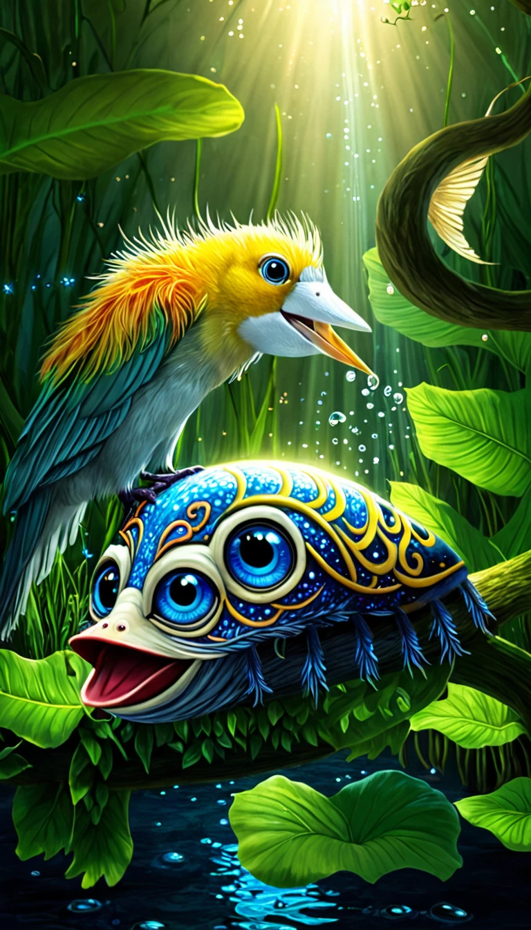 A magical creature at the bottom of the river with a bird's head, a turtle's body and a snake's tail,,Mysterious Creatures, shrike, (best quality,4K,8K,High level,masterpiece:1.2),Ultra Detailed,(lifelike,Photo real,Photo real:1.37),Highly detailed animals,Complex patterns,Dramatic lighting,Fantasy Creatures