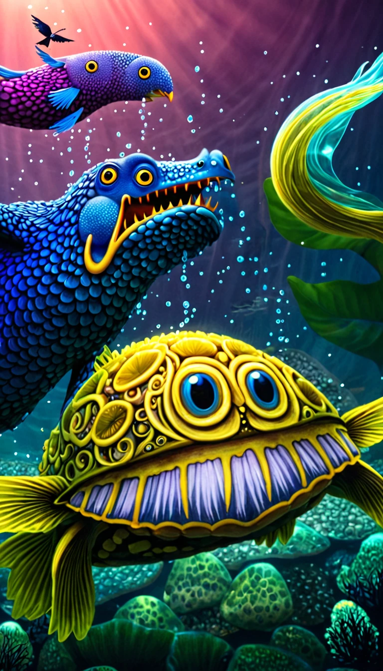 A magical creature at the bottom of the river with a bird&#39;s head, a turtle&#39;s body and a snake&#39;s tail，，Mysterious Creatures, shrike, (best quality，4K，8K，High level，masterpiece：1.2），Ultra Detailed，（lifelike，Photo real，Photo real：1.37），Highly detailed animals，Complex patterns，Dramatic lighting，Fantasy Creatures