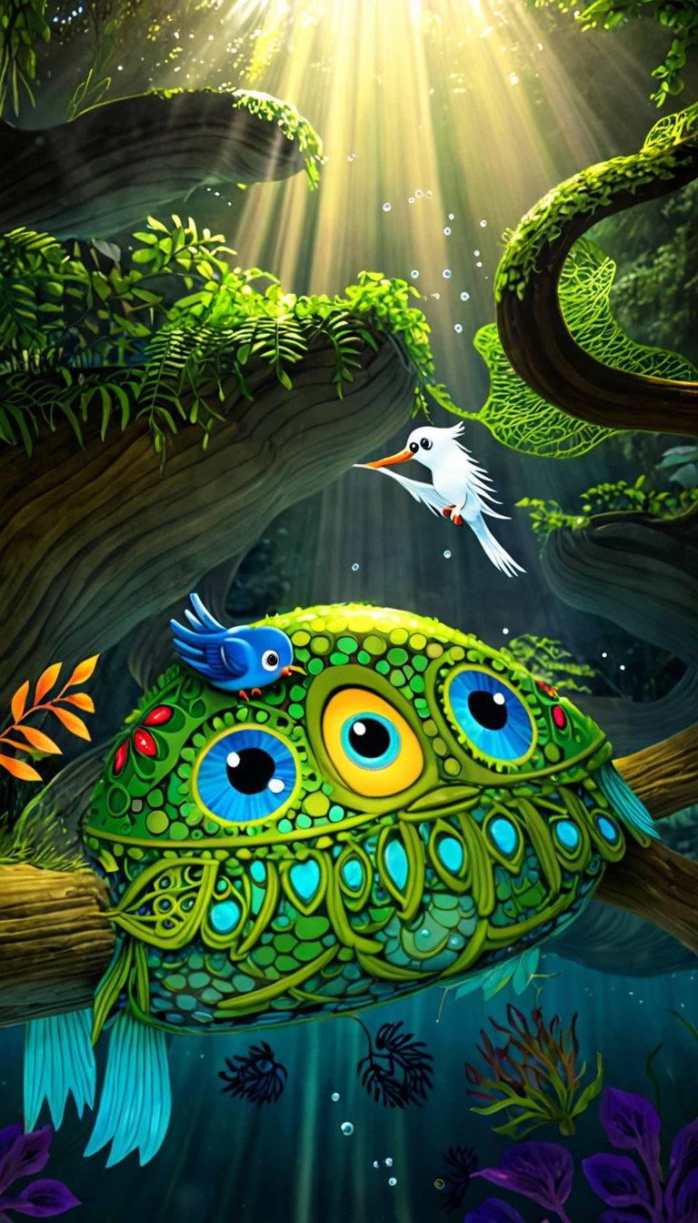 A magical creature at the bottom of the river with a bird&#39;s head, a turtle&#39;s body and a snake&#39;s tail，，Mysterious Creatures, shrike, (best quality，4K，8K，High level，masterpiece：1.2），Ultra Detailed，（lifelike，Photo real，Photo real：1.37），Highly detailed animals，Complex patterns，Dramatic lighting，Fantasy Creatures