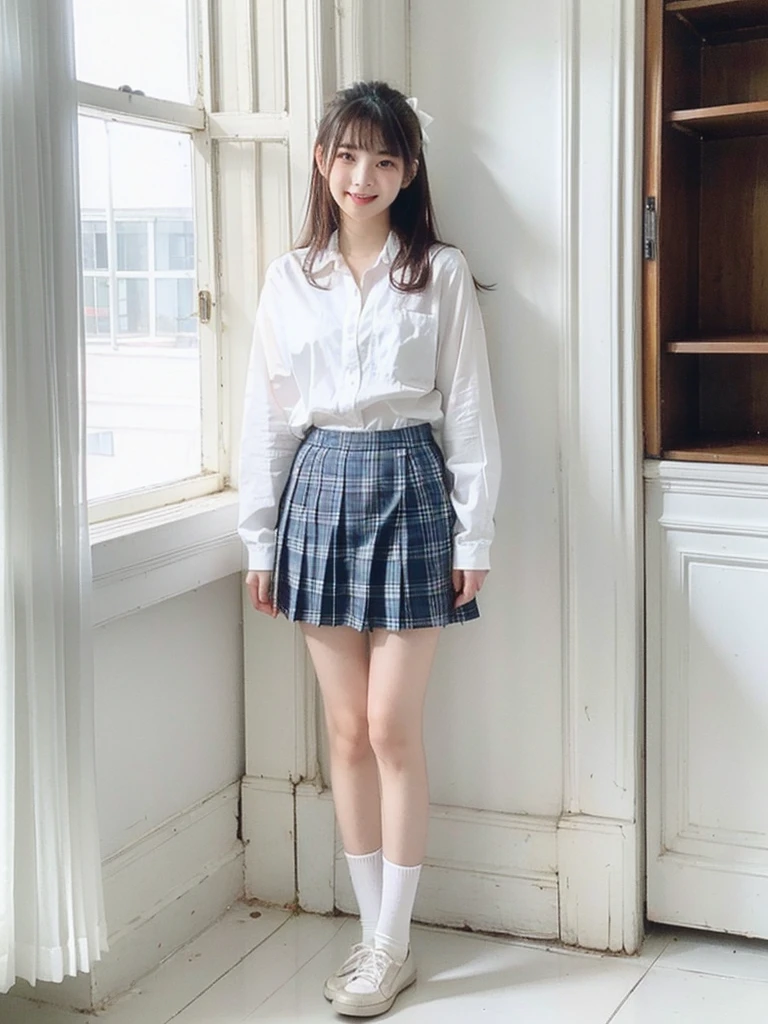 (RAW Photos:1.2), (Photo - Real,:1.4), Highly detailed eyes and face, Beautiful attention to detail, Light on the face、(Sit with your knees bent))、bangs、Enlarge your eyes、Eyelashes、cute、very cute、(Highest quality:1.9)、(High resolution)、Live-action image quality、((18-year-old high school girl、1 person))、Soft lighting by a professional photographer、Natural light、((Very spacious white luxurious room:1.6))、((Bright white room:1.6))、(Sitting on a very luxurious white bed:1.2)、(White Bookcase:1.1)、Natural soft light、((Brown hair color:1.1))、Fair skin、Detailed Eyes、double eyelid、Slightly puffy cheeks、((Small Face:1.0))、 ((Japanese high school girls uniform:1.5)),((Pink long sleeve buttoned shirt、Tuck Out、Please wear it with the chest open.:1.1))、((Gray checkered uniform miniskirt))、Live-action image quality、E cup bust、Cleavage、(smile)、((Girly pose 1.8))、((Full Body Shot:1.2))、((Height: 150cm))、Hands in front、Hide your hands between your legs、The shirt buttons are white