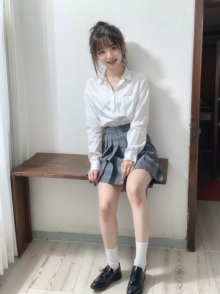 (RAW Photos:1.2), (Photo - Real，:1.4), Highly detailed eyes and face, Beautiful attention to detail,  Light on the face、(Sit with your knees bent))、bangs、Enlarge your eyes、Eyelashes、cute、very cute、(Highest quality:1.9)、(High resolution)、Live-action image quality、((18-year-old high school girl、1 person))、Soft lighting by a professional photographer、Natural light、((Very spacious white luxurious room:1.6))、((Bright white room:1.6))、(Sitting on a very luxurious white bed:1.2)、(White Bookcase:1.1)、Natural soft light、((Brown hair color:1.1))、Fair skin、Detailed Eyes、double eyelid、Slightly puffy cheeks、((Small Face:1.0))、 ((Japanese high school girls uniform:1.5)),((Pink long sleeve buttoned shirt、Tuck Out、Please wear it with the chest open.:1.1))、((Gray checkered uniform miniskirt))、Live-action image quality、E cup bust、Cleavage、(smile)、((Girly pose 1.8))、((Full Body Shot:1.2))、((Height: 150cm))、Hands in front、Hide your hands between your legs、The shirt buttons are white
