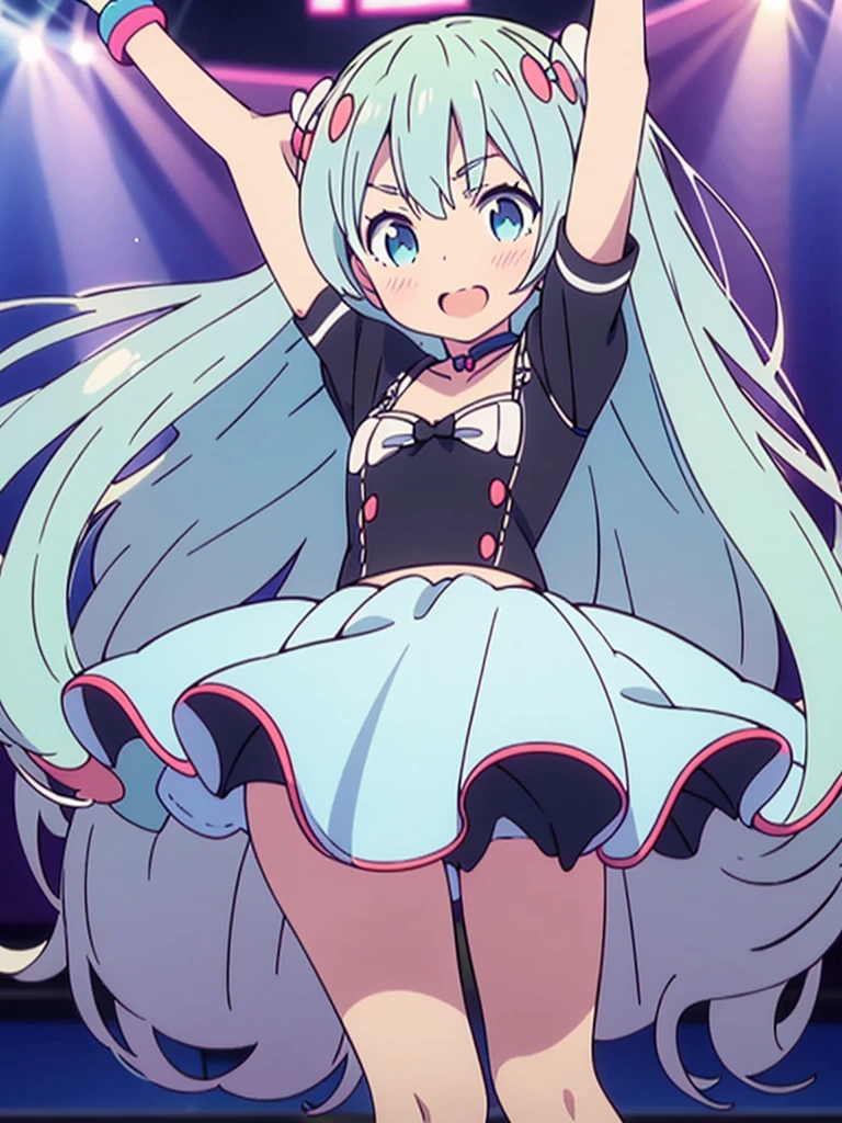 Vtuber Beautiful great quality 8k very detailed perfect anatomy a girl dressed in blue and white and black dancing on a stage, a hologram inspired by Puru, trend on pixiv, tachisme, holoviva, Live2D Virtual Youtuber Model, mikudayo, my dress anime darling, dancing in the background, anime moe art style, pose(Arms up + happy), rena noun style 3/4