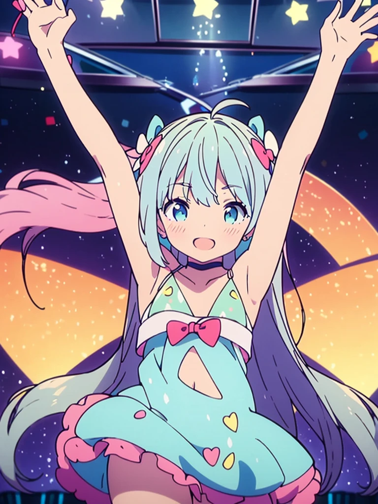 Vtuber Beautiful great quality 8k very detailed perfect anatomy a girl dressed in blue and white and black dancing on a stage, a hologram inspired by Puru, trend on pixiv, tachisme, holoviva, Live2D Virtual Youtuber Model, mikudayo, my dress anime darling, dancing in the background, anime moe art style, pose(Arms up + happy), rena noun style 3/4