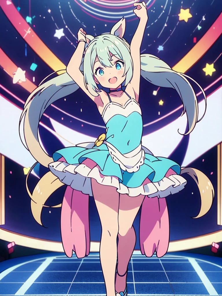 Vtuber Beautiful great quality 8k very detailed perfect anatomy a girl dressed in blue and white  and black dancing on a stage, a hologram inspired by Puru, trend on pixiv, tachisme, holoviva, Live2D Virtual Youtuber Model, mikudayo, my dress anime darling, dancing in the background, anime moe art style, pose(Arms up + happy), rena noun style 3/4