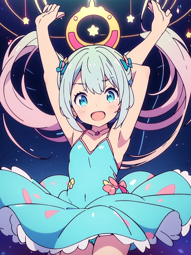 Vtuber Beautiful great quality 8k very detailed perfect anatomy a girl dressed in blue and white  and black dancing on a stage, a hologram inspired by Puru, trend on pixiv, tachisme, holoviva, Live2D Virtual Youtuber Model, mikudayo, my dress anime darling, dancing in the background, anime moe art style, pose(Arms up + happy), rena noun style 3/4