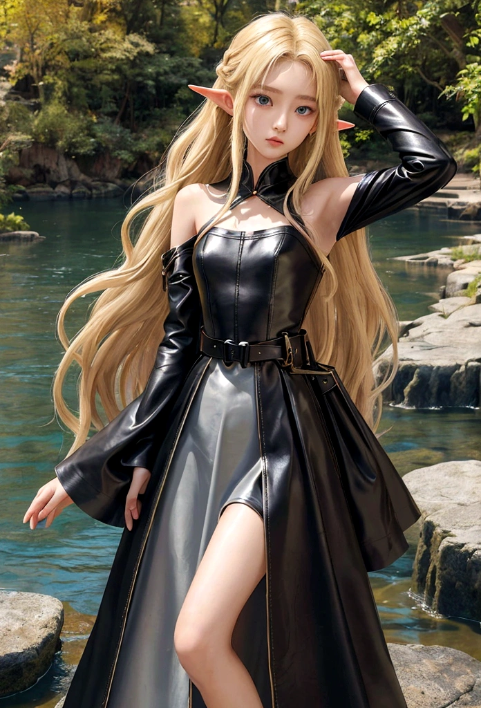 (masterpiece, Highest quality, Highest quality, Official Art, Beautiful blonde、wavy long hair、 Brown Skin、Fishing eyes、long pointed ears、girl、15 years old、Thin arms、Small breasts、Slender upper body、Tight waist、Small hips、Thin thighs、Slim lower body、Black leather belted dress、ruins、Cowboy Shot、Full Body Shot、Dancing