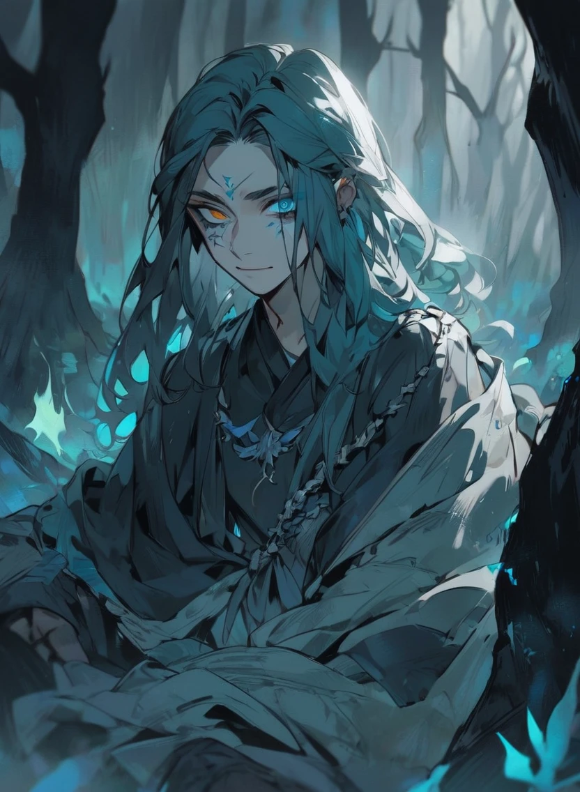 young man ,Male Dark, dark Woods, cold colors, odd eye, sorcerer dnd
