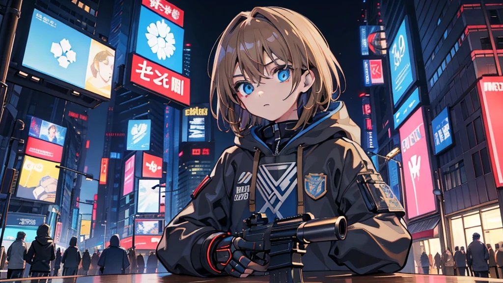 Tabletop、Highest quality、8K high resolution、Perfect Face、Detailed face、Fine grain、Light brown hair、Bright Blue Eyes、Teenage Boy，Mechanical body，Hooded sweatshirt，Light brown hairで，Hold the rifle，Glossy metallic texture，Lots of details，City of Steel，Cyberpunk Personalities，Staggered buildings，Street lamp，Parallel Viewpoint